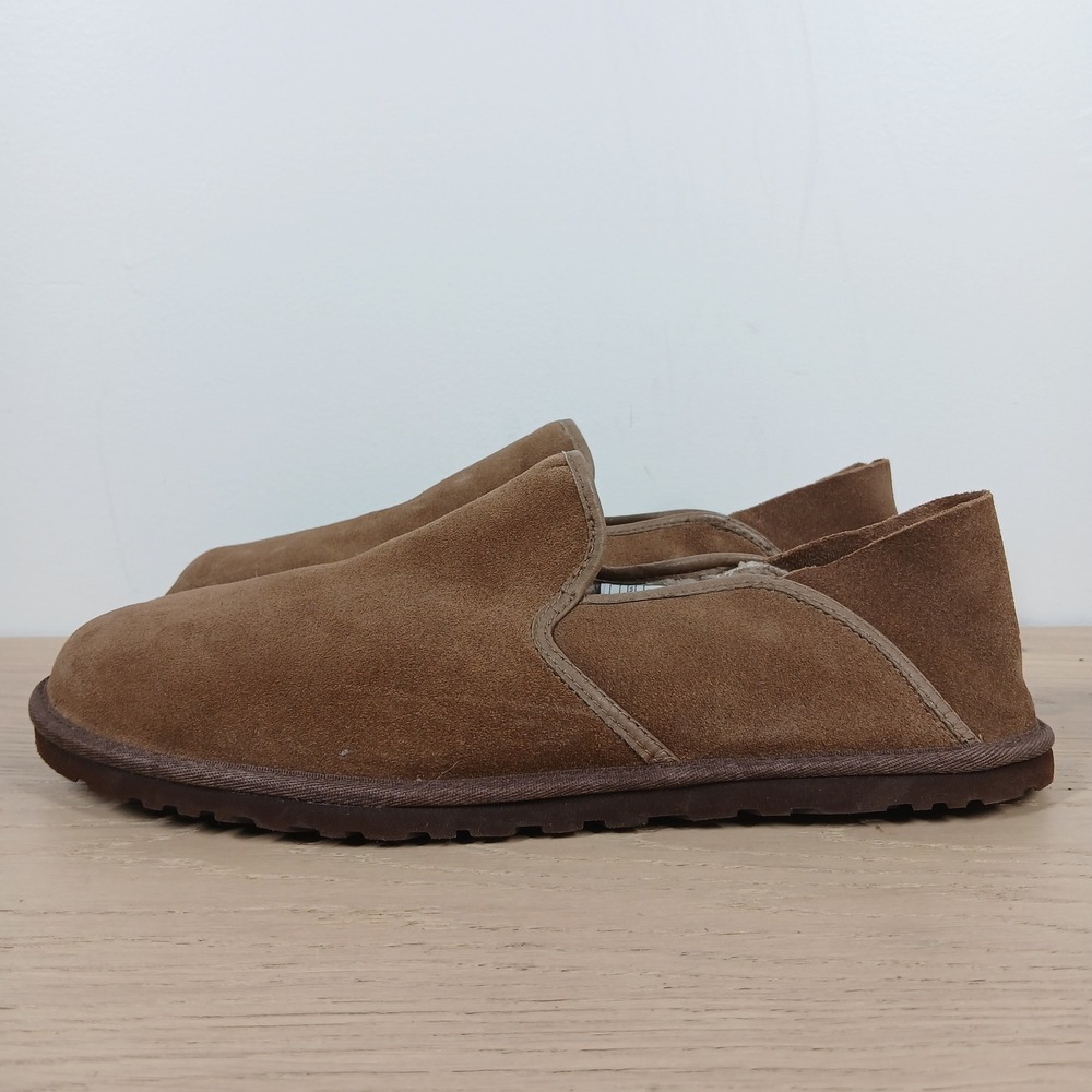 UGG Slippers Women 12 Tan Leather Flat Comfort Casual Cozy Slip On Shoes